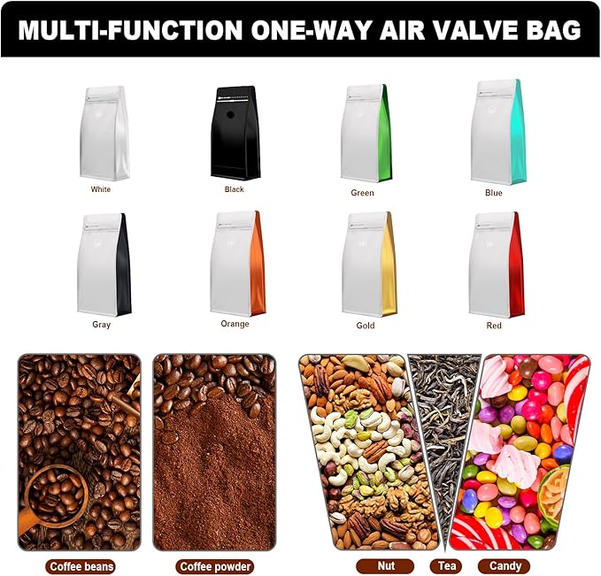 Coffee Bags with Valve(60pcs,32 oz,2 lb) Vented Coffee Beans Packaging Bags High Barrier Aluminumed Foil Flat Bottom Heat Sealed Side Zipper Resealable Storage Bag for Home or Business（Black ）