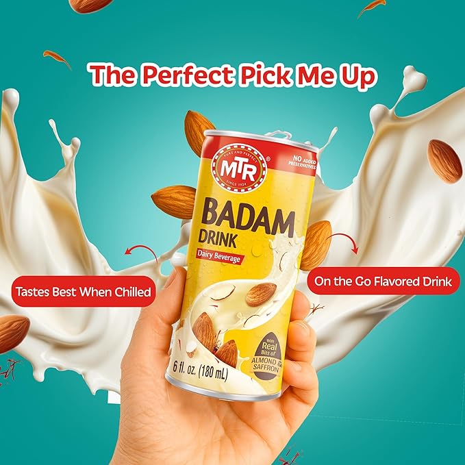 MTR Badam Drink, Ready-to-Drink - Authentic Indian Almond Milk Beverage, Real Bits of Almond & Saffron, No Added Preservatives, No Added Artificial Flavors & Colors, Gluten-Free, Refreshing Drink, Perfect for Anytime Refreshment, Pack of 12