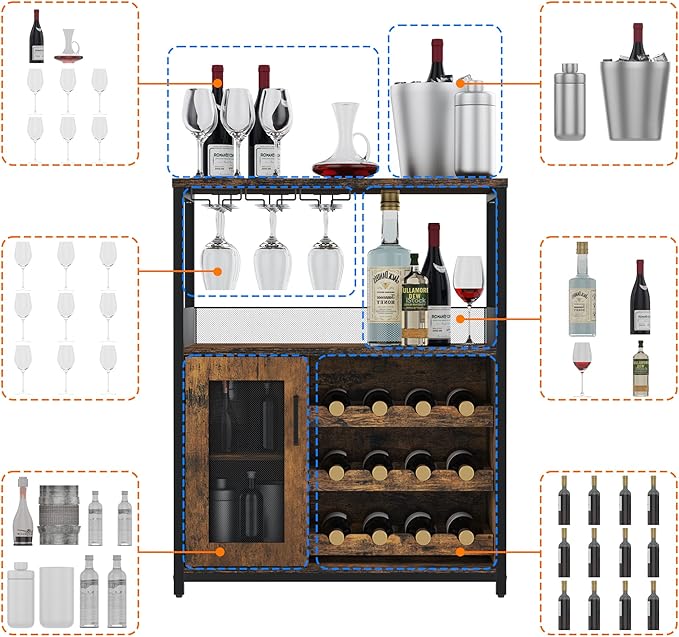 Vintage 3-Tier Wine Bar Cabinet with Adjustable Shelves, Glass Holders, Mesh Door, Small Buffet Sideboard Liquor & Coffee Bar Cabinet for Kitchen, Dining Room, Living Room