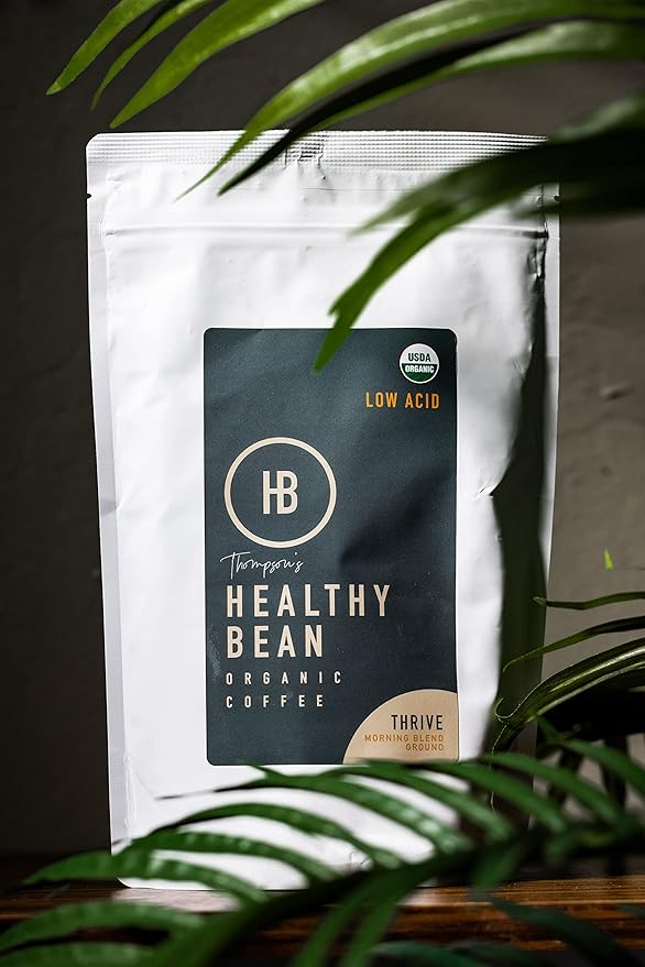 Healthy Bean Organic Ground Coffee Thrive Morning Blend - Low Acid Coffee Grounds for Sensitive Stomach - Medium Roast Blend, USDA Organic, High Antioxidants, Smooth and Rich Flavor, 11oz