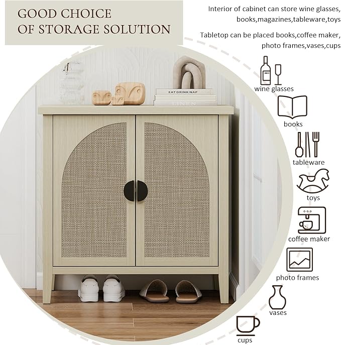 Rattan Door Sideboard Buffet Cabinet, Modern 2-Door Coffee Bar with Adjustable Shelf, Small Wood Credenza Cabinet with Storage for Living Room, Dining Room, Entryway, Natural