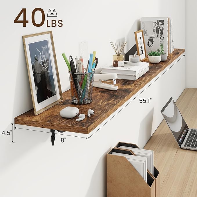 RICHFOCUS Floating Shelves for Wall Decor, 55.1W x 8D Shelf Set of 2, 8 Inch Deep Rustic Wood Shelves Wall Mounted with Brackets, Long Shelves for Living Room Bedroom Kitchen, Rustic Brown