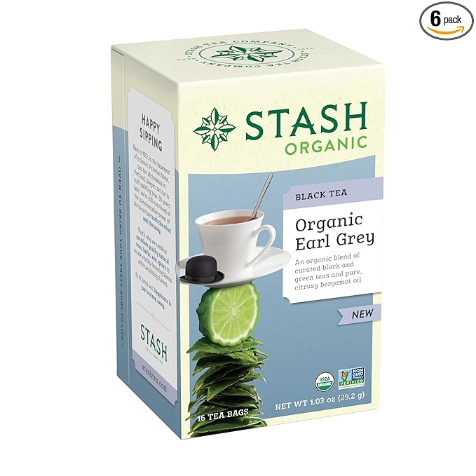 Stash Tea Organic Earl Grey Black Tea, Caffeinated, Non-GMO Project Verified, Serve Hot or Iced, 96 Tea Bags, 16 count (6 pack)