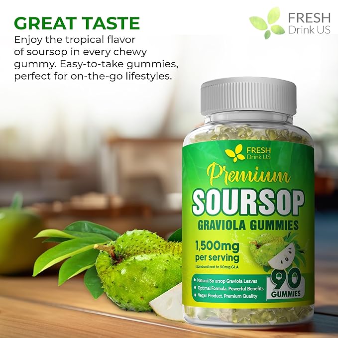 FRESHDRINKUS, 90 Max-Strength Soursop (Graviola) Gummies + Sea Moss & Turmeric — Cell Support • Non-GMO, Vegan, Sugar-Free Formula – Convenient Chewable Herbal Supplement