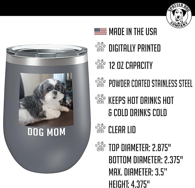 Personalized 12oz (17 Colors) Mother's Day Photo Picture Printed Insulated Stainless Steel Powder Coated Stemless Wine Tumbler with Lid, Customized Gift Idea for Her, Coach Gifts Team Mom Dad (Gray)