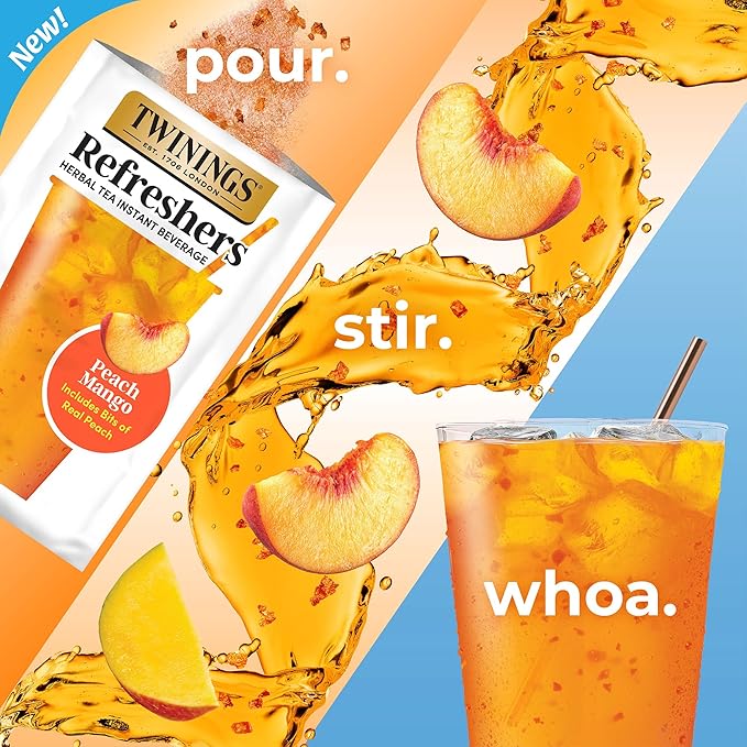 NEW Twinings Peach Mango Refreshers, Herbal Tea Instant Beverage with Real Peach Fruit Bits, 5 Count (Pack of 1), Café Style, No Artificial Sweeteners, Naturally Caffeine-Free Refreshment, 5 Packets