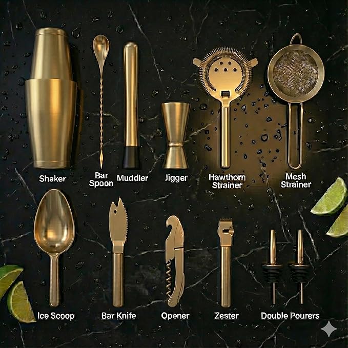 Highball & Chaser Bartender Kit with Black Bamboo Stand Beautiful Cocktail Shaker Set and Bar Tools Stainless Steel Boston Shaker Bartender Kit with Stand (Antique Gold)