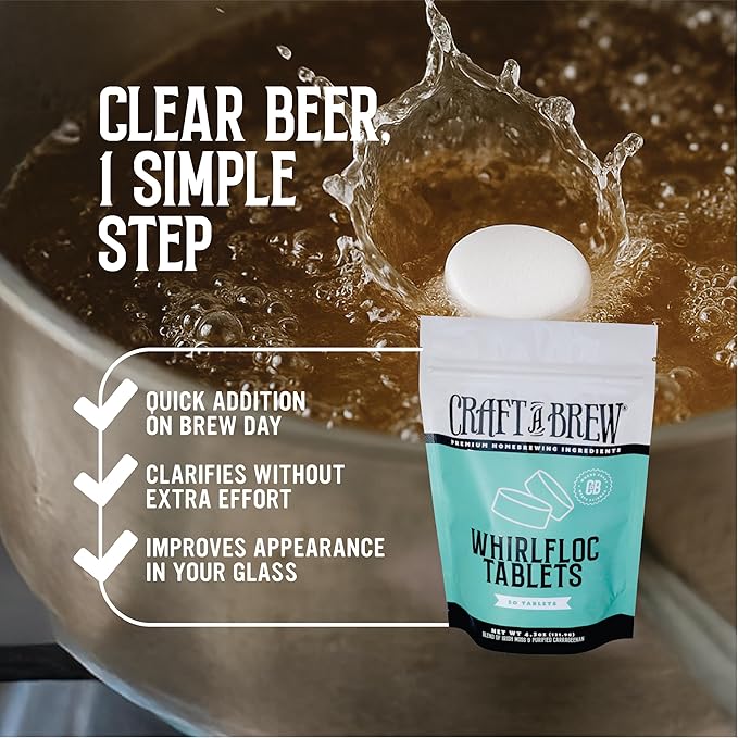 Craft A Brew - Whirlfloc Tablets - Brew Clearer Beer - For At Home Beer Brewing - Reduces Haze of At Home Brewed Beer - Blend of Irish Moss & Purified Carrageenan - Use on Brew Day - 50 Count Tablets