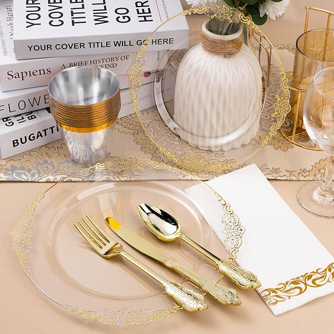 350PCS Clear Gold Plastic Plates for 50 Guests, Disposable Dinnerware Set Includes 100 Clear Disposable Plates, 150 Gold Silverware, 50 Cups, 50 Napkins for Party, Wedding