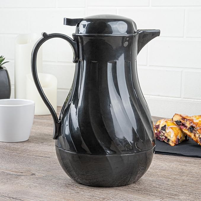 Restaurantware-Restpresso 42 Ounce Coffee Carafe, 1 Insulated Coffee Server - Push-Button Top, Swirl Design, Black Plastic Pitcher, Built-In Handle, With Identification Tags