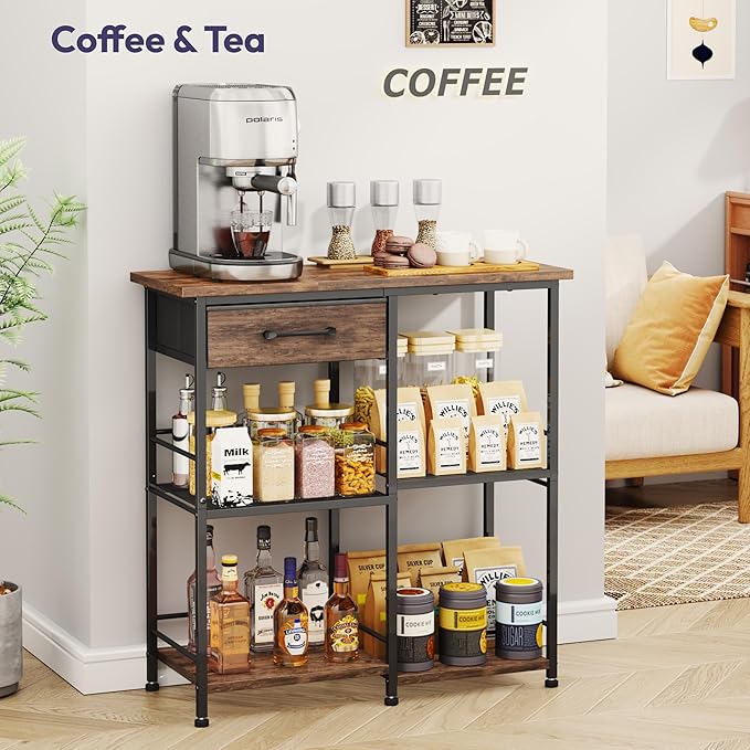 SWTYMIKI Bakers Rack with Storage - Coffee Bar Cabinet Organizer, Coffee Station for Kitchen Dining Room, Microwave Stand with Adjustable Feet, Espresso