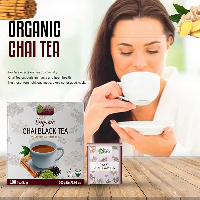True Organic Premium Ceylon Chai Black Tea |100 Count Tea Bags | USDA Organic & Kosher Certified |100 Envelop Organic Chai Black Tea Bags for Your Home & Cafe. Tea With Ceylon Cinnamon, Cardamom, Clove, Black Pepper, ginger.