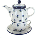 Blue Rose Polish Pottery - Blueberry Tea for One - 2 Cup Capacity - Decorative Teapot with Matching Cup, Unique Gift for Tea Lovers and Collectors