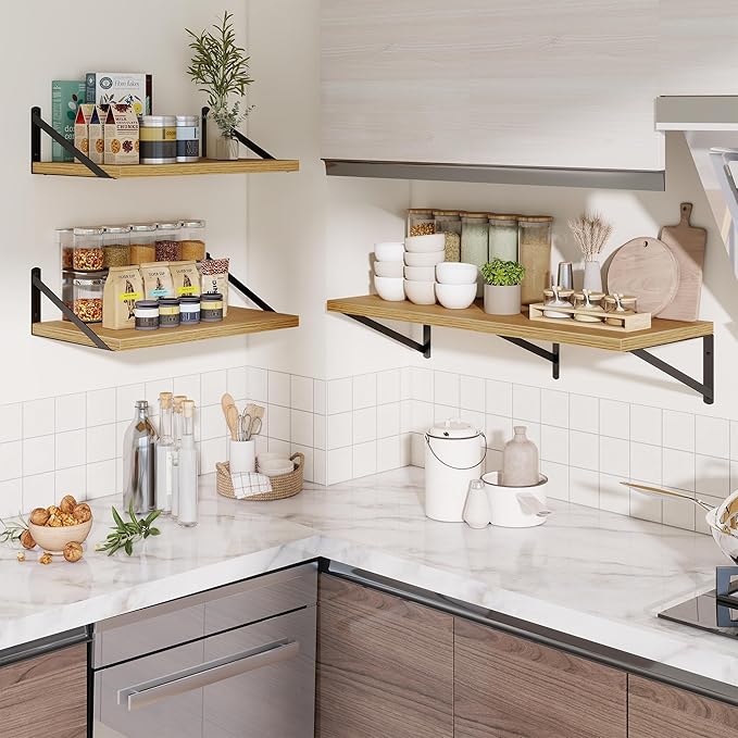 Deep Wall Shelves 30"W x 12"D Engineered Wood Floating Shelves for Wall, Sturdy Metal Bracket Bookshelves Home Decor Storage for Living Room Bedroom Bathroom Kitchen, Set of 2, Oak Finish