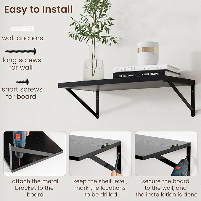 Axeman Deep Floating Shelves Black- 24 Inch Wide x 12 Inch Deep Wall Shelves Set of 2 - Black Wood Wall Shelves for Living Room Bedroom Laundry Room