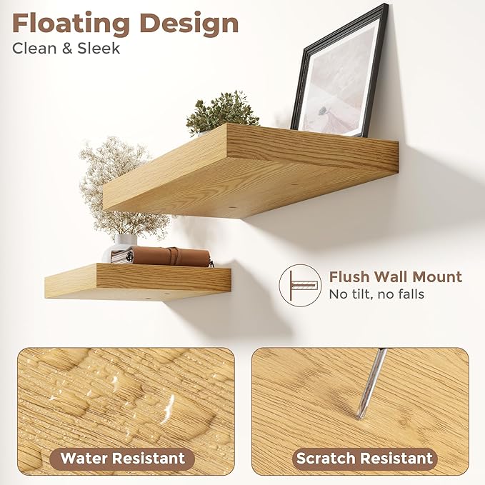 16 Inch Floating Shelves for Wall Set of 2, 12"D Wood Grain Bathroom Shelves with Invisible Brackets, Easy Install Engineered Wood Storage Shelves for Kitchen, Living Room, Bedroom, Oak Finish