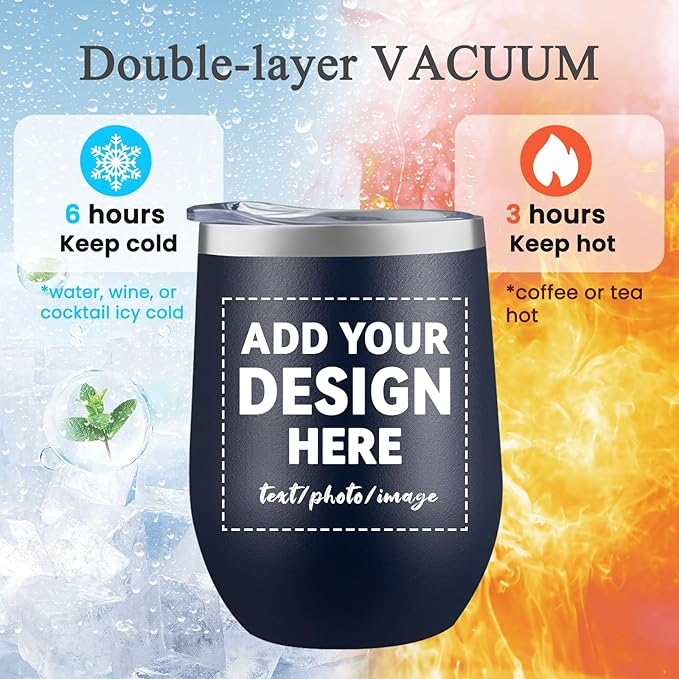 MEWAY Personalized Custom 12oz Wine Tumbler with Lid, Insulated Double Wall Vacuum Travel Tumbler Gifts with Text Photo Logo (Navy, 1pack)