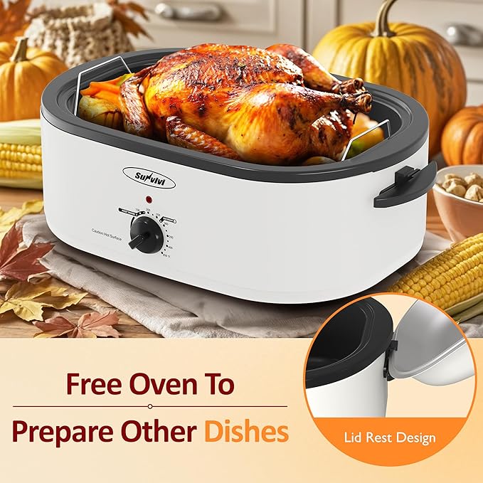 Sunvivi Electric Roaster,20 Quart Roasting Oven with Self-Basting Lid Removable Pan,Turkey Roaster Oven with 150 to 450F Temperature Control Cool-Touch Handles,White