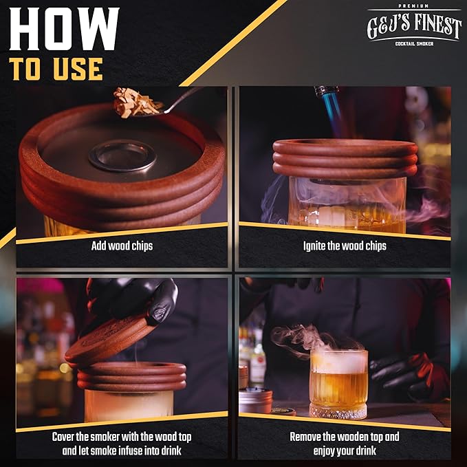 Whiskey Smoker Kit | Cocktail Smoker Kit| Bourbon Smoker Kit| Old Fashioned Smoker Kit with Quad Flame Torch, 6 Wood Chips & Wooden Box for Smoking Drinks| Whiskey Gift for Men (No Butane Incl.)