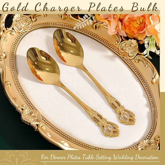 Dandat 20 Pcs 6.6" Gold Luxury Teaspoons Stainless Steel Gorgeous Tea Party Spoons Dessert Spoons for Stirring Coffee Sugar Drink Kitchen Cafe Bar Wedding Tableware, Vintage Style