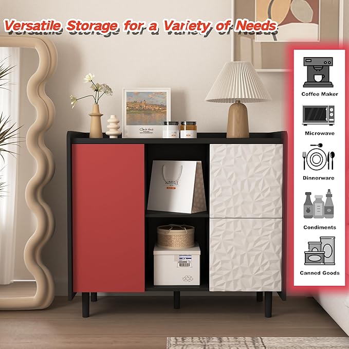 35" Modern Buffet Cabinet & Coffee Bar, Small Sideboard with 3D Geometric Drawers, Push-to-Open Door & Adjustable Shelves, Unique Color Block Accent Storage for Kitchen, Dining, Entryway