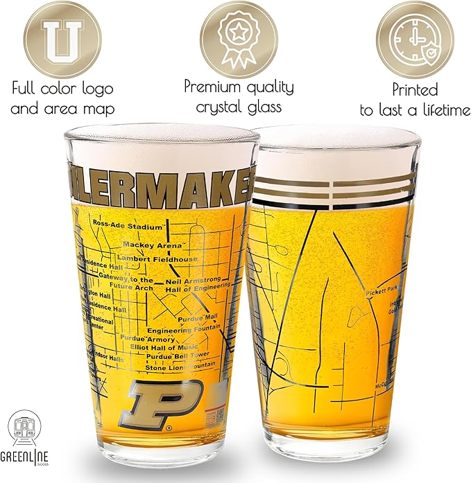 Greenline Goods – University of Purdue Boilermakers College Pint Beer Glasses (Set of 2), 16 oz – Full-Color Logo + Campus Map