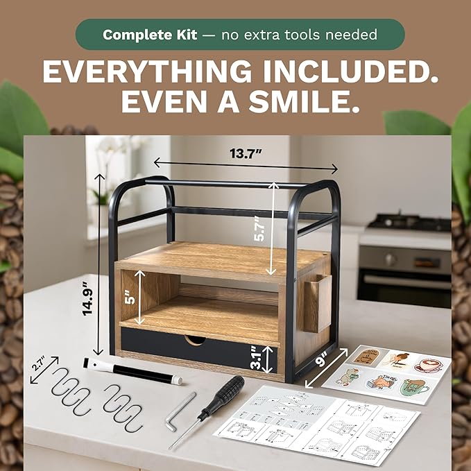 Coffee Bar Organizer for Countertop – 3-Tier Wood & Metal Shelf with Chalkboard Drawer, 6 Removable Mug Hooks, Side Caddy, Magnetic Stickers, Handle, Non-Slip Feet – Coffee & Tea Station