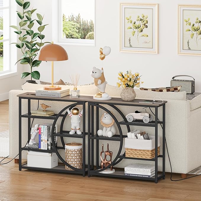 Snughome Entryway Table, Console Table with Charging Station, Industrial Narrow Sofa Table with 5 Tier Storage Shelves, Entrance Table for Hallway, Living Room, Foyer, Grey