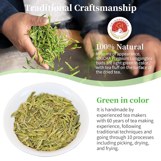 XIXICHA Longjing Tea New Tea Grade AAA Dragon Well Green Tea Loose Leaf Hangzhou Dragonwell Chinese Green Tea Fresh Bean Aroma（96 cups） 龙井茶 绿茶 明前龙井 茶叶 4.23oz/120g