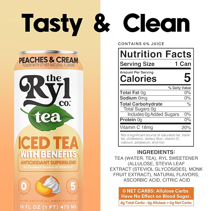 Ryl Peaches & Cream Iced Tea – Antioxidant Superblend, No Artificial Ingredients, Zero Sugar, Five Calories, Low Carb, Non-GMO, Kosher, Gluten Free, Made in the USA, 12-Pack, 16 Fl Oz