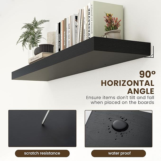 12 Inch Deep Floating Shelves | 55 Inch Black Floating Shelves | 55" W x 12" D Rustic Wood Shelves for Wall | Deep Black Shelves for Living Room Bathroom Laundry Room Kitchen
