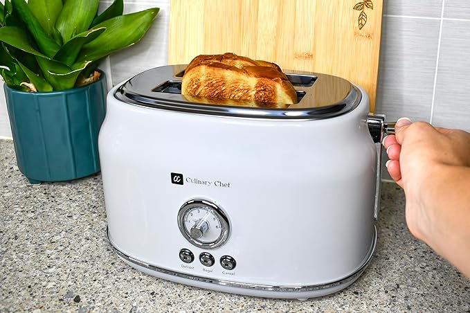 Frigidaire ETO102-WHITE, 2 Slice Toaster, Retro Style, Wide Slot for Bread, English Muffins, Croissants, and Bagels, 5 Adjustable Toast Settings, Cancel and Defrost, 900w, White