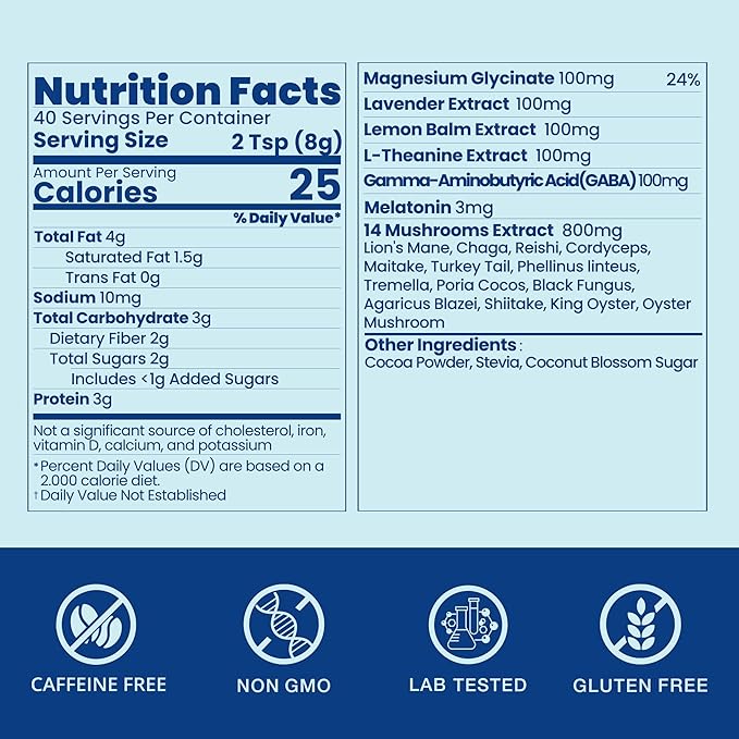 Mushroom Hot Cocoa for Sleep, 40 Servings, Mushroom Hot Chocolate Powder, 14 Mushroom Blend with Magnesium Glycinate, Melatonin, L-Theanine, GABA | Relaxation Calm Aid | Vegan, Keto-Friendly, Gluten-Free