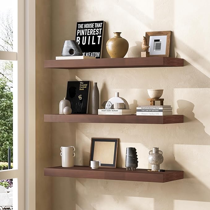 Fun Memories Farmhouse Floating Shelves - 8 Inch Deep Rustic Wood Wall Shelf - Premium Solid Wood Storage Shelf for Kitchen Living Room Bedroom - 24" W x 8" D - Set of 2 - American Walnut Color