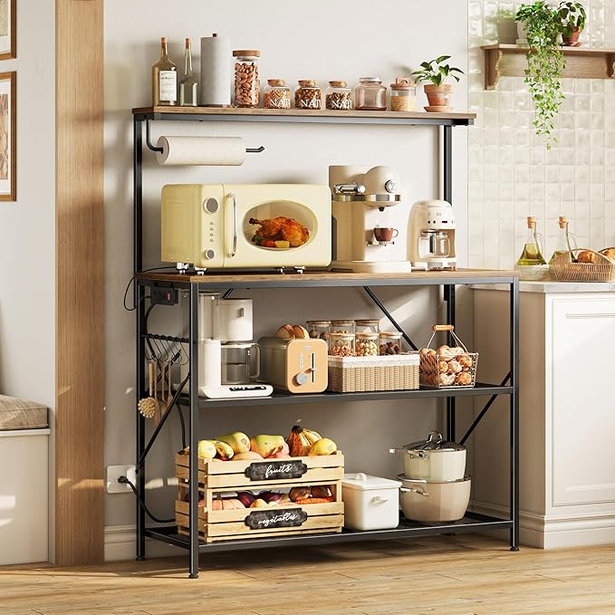 Huuger 4-Tier Bakers Rack with Reversible Power Outlet, 39.4 Inch Microwave Stand, Kitchen Bar, with Top Shelf, 6 S Hooks, White