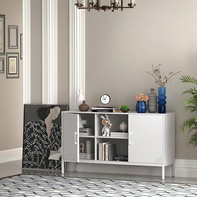 TV Stand with Door and Adjustable Shelves Sideboard Buffet Cabinet Coffee Bar Metal Locker Pantry with 2 Shelves for Office Home Kitchen Living Room (White, 47.24" D x 13.78" W x 29.53" H)