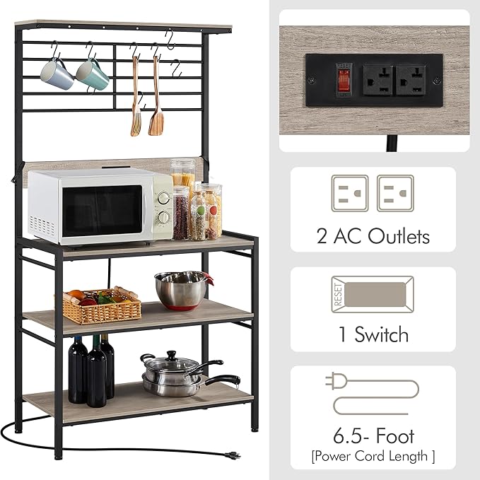 Yaheetech Bakers Rack with Power Outlet, Shelf Unit Coffee Bar Station with 5 S-Hooks & Adjustable Feet, Microwave Stand with Storage Shelf for Dinning Room/Living Room, Gray
