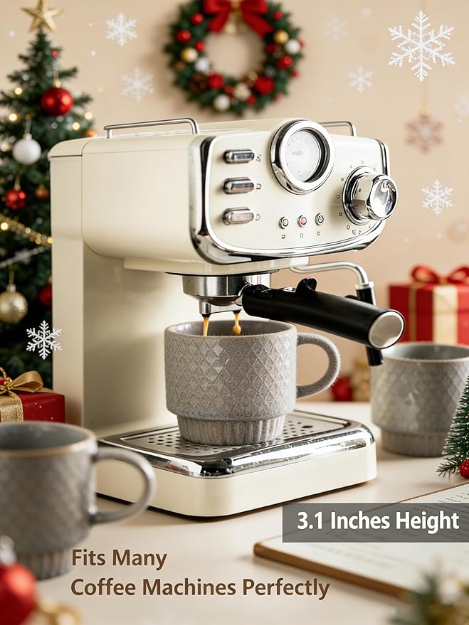 Gomakren Coffee Mugs Set of 4, 13 Ounce Stackable Coffee Mugs with Stand, Christmas Ceramic Coffee Cups with Spoon for Coffee, Espresso, Cappuccino, Latte, Cocoa, Tea and Milk, Light Gray