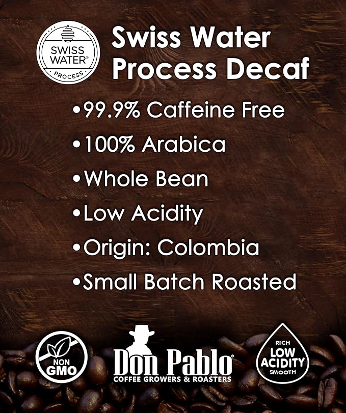Don Pablo Colombian Decaf - Limited Edition Dark Roast Gourmet Coffee, Swiss Water Process Decaf, 100% Arabica Whole Bean, Non-GMO, Low Acidity, 5 Pound (5 lb) Bag