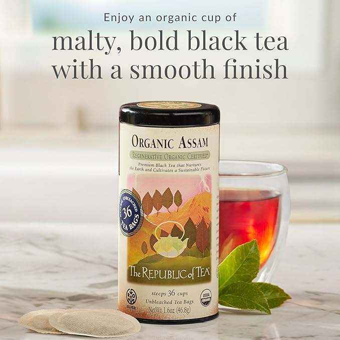 The Republic of Tea – Organic Assam, 36 Naturally Caffeinated Black Tea Bags, Regenerative Organic Certified
