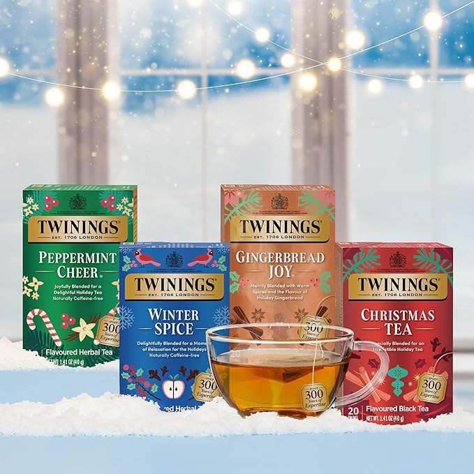 Twinings Holiday Variety Pack Tea Bags, Christmas Tea, Winter Spice, Gingerbread Joy, Peppermint Cheer, 20 Count (Pack of 4), Enjoy Hot or Iced, 80 Teabags