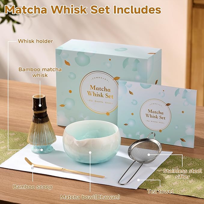 Matcha Whisk Set, 6PCs Japanese Matcha Kit with Crystalline Glaze Matcha Bowl, Purple Bamboo Whisk, Scoop, Sifter & Tea Towel – Gifts for Women Mom Her, Tea Gifts for Christmas, Birthday