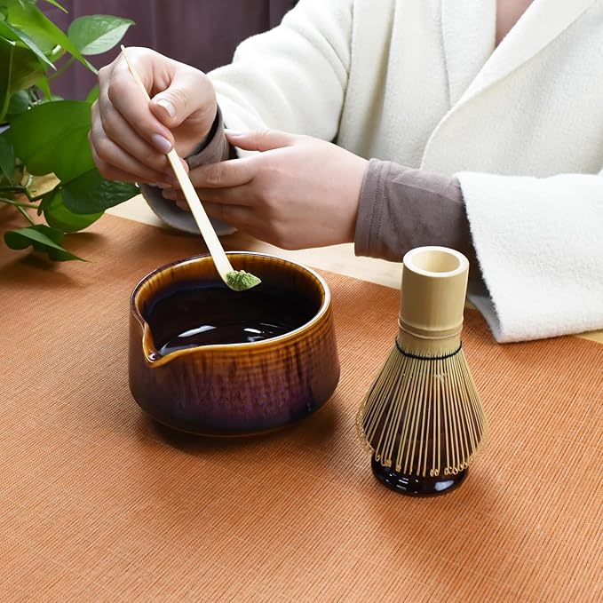 Artcome Matcha Tool Set - Complete Kit with Matcha Bowl with Spout, Bamboo Whisk, Tea Scoop & Whisk Holder, Red-Blue Glaze