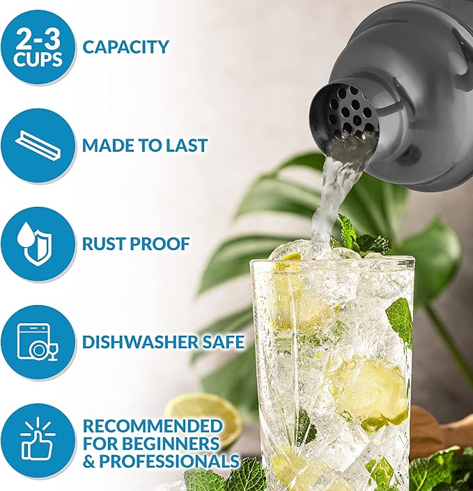 Large 24 oz Stainless Steel Cocktail Shaker Set - Mixed Drink Shaker - Martini Shaker Set with Built in Strainer, Double Sided Jigger & Combo Muddler Mixing Spoon - Pro Margarita Shaker - by Zulay