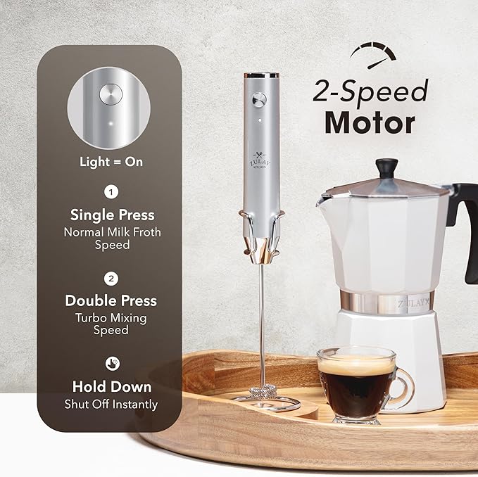 Zulay Kitchen Lux Electric Milk Frother Rechargeable Handheld - 4 Whisks, Powerful 2-Speed Motor, Waterproof, 2000mAh Battery - Drink Mixer for Latte, Cappuccino, Matcha & Protein Powder - Silver