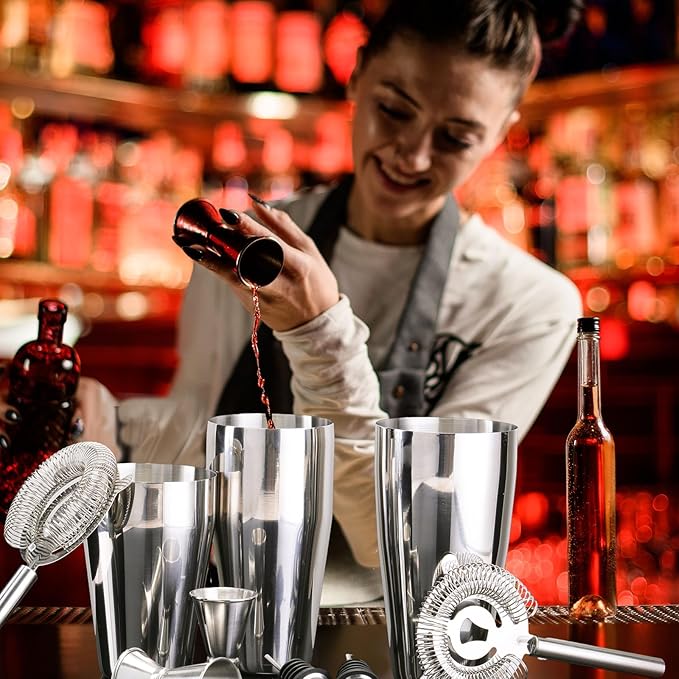15 Pcs Cocktail Shaker Set Bartender Kit Boston Shaker Professional Bar Gifts with 18oz and 28oz Stainless Steel Martini Shaker Drink Mixer Strainer Measuring Jigger Alcohol Pourer