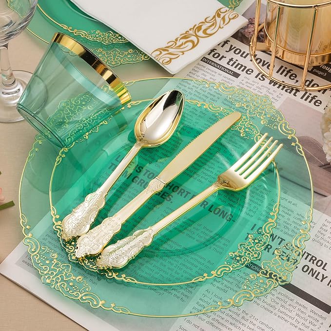 175PCS Clear Green Plastic Plates for 25 Guests, Disposable Plates with Gold Trim include 50 Dinner Plates, 75 Gold Silverware, 25 Cups, 25 Napkins for Party, Wedding and Graduation