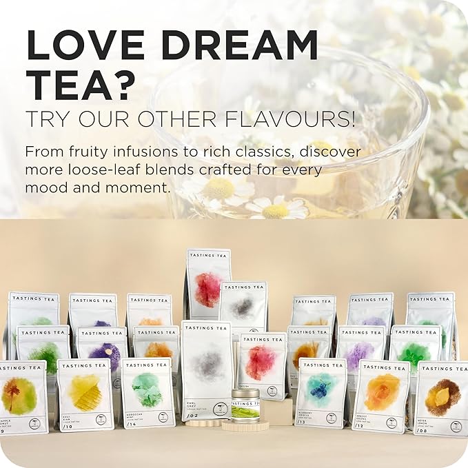 Tastings Tea Dream Loose Leaf, 8 oz | Calm Herbal Sleep Blend with Chamomile, Valerian & Lemon Grass | Natural Antioxidants for Wellness & Bed | Small Batch & Sustainably Sourced | Resealable Pouch
