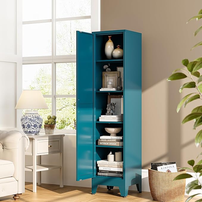 Tall Bathroom Storage Cabinet, 67" Narrow Metal Cabinets with One Door, Freestanding Tall Linen Cabinet, Skinny Metal Storage Locker for Home Office, Living Room