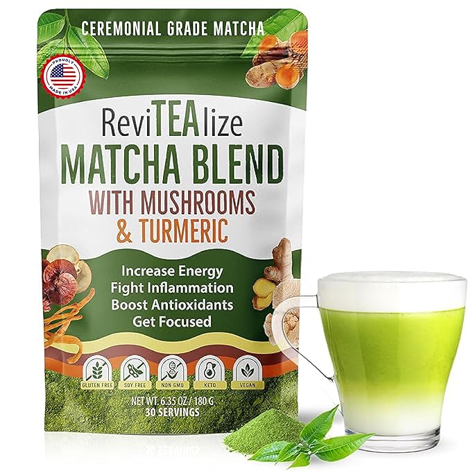 ReviTEAlize Matcha Mushroom Powder Latte Blend - Organic Japanese Ceremonial Grade Matcha Powder - Healthy Coffee Alternative - (30 Servings)